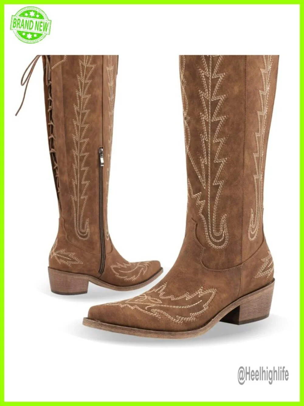Thigh High Wide Calf Cowgirl Boots Lace Up Embroidered Chunky Heel